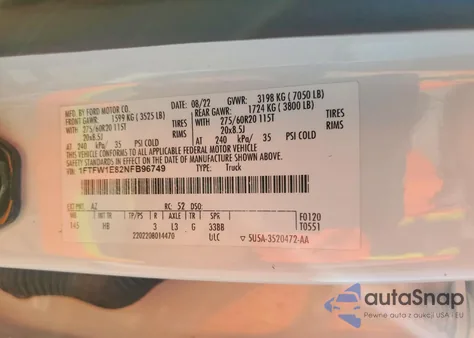 2022 Ford F150 Supercrew z USA, uszkodzony, nr VIN 1FTFW1E82NFB96749